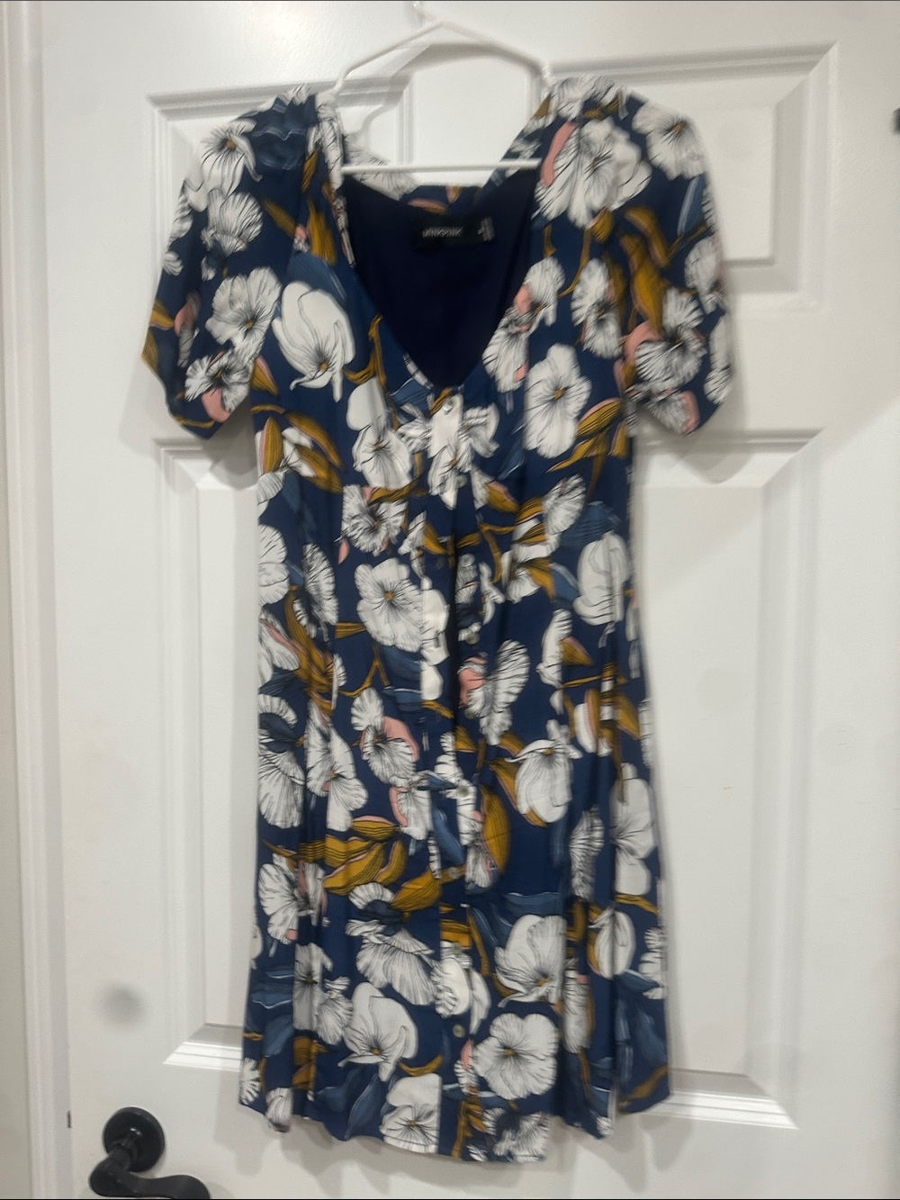 MINKPINK Navy Floral Button-Front Mini Dress with White & Mustard Blooms